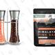 A bag of Himalayan pink salt and a salt and pepper grinder set are shown.